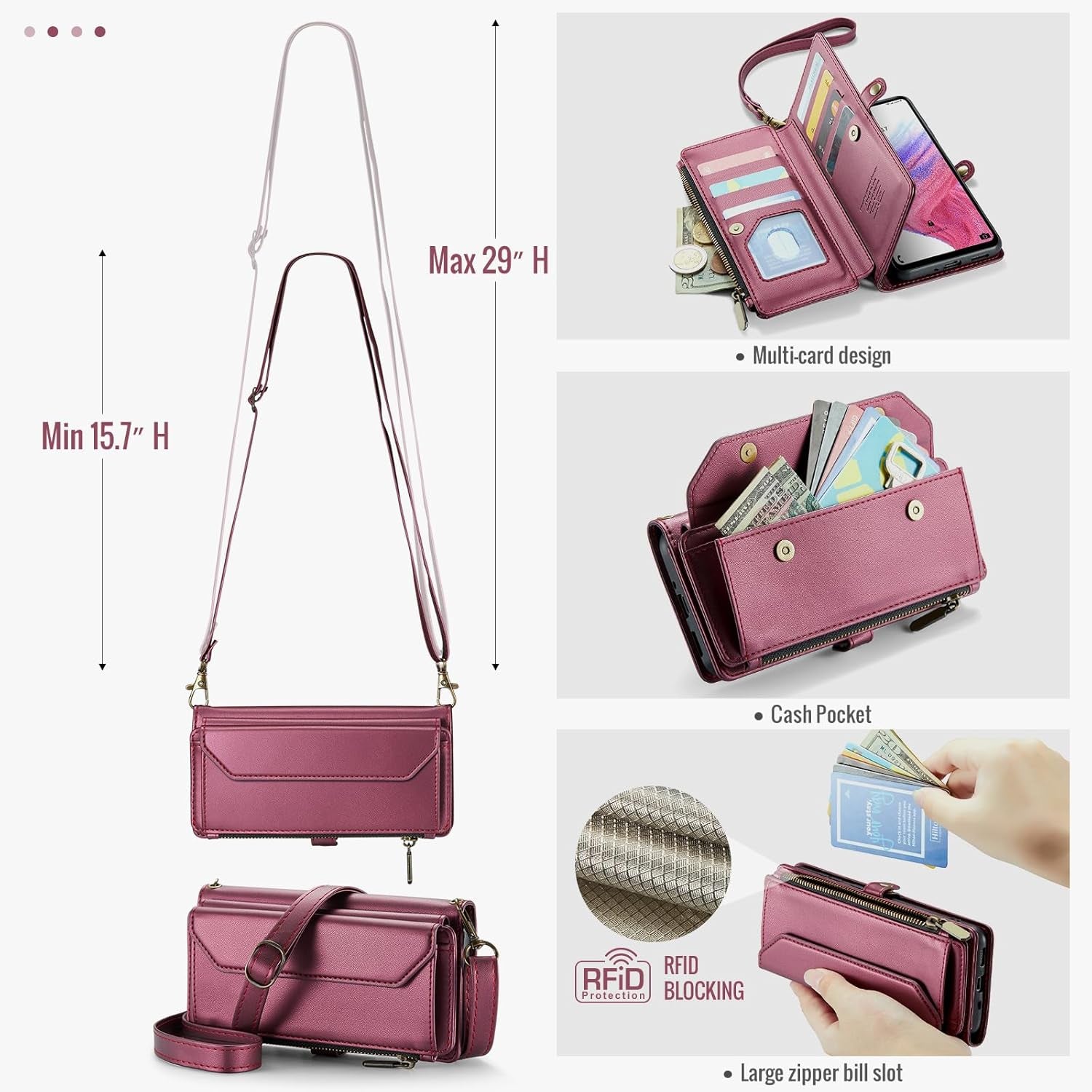 Asuwish Phone Case for Samsung Galaxy A53 5G Zipper Wallet Cover with Tempered Glass Screen Protector and Flip RFID Blocking Credit Card Holder Cell a 53 G5 53A SM A536U 6.5" 2022 Women Girls Wine Red