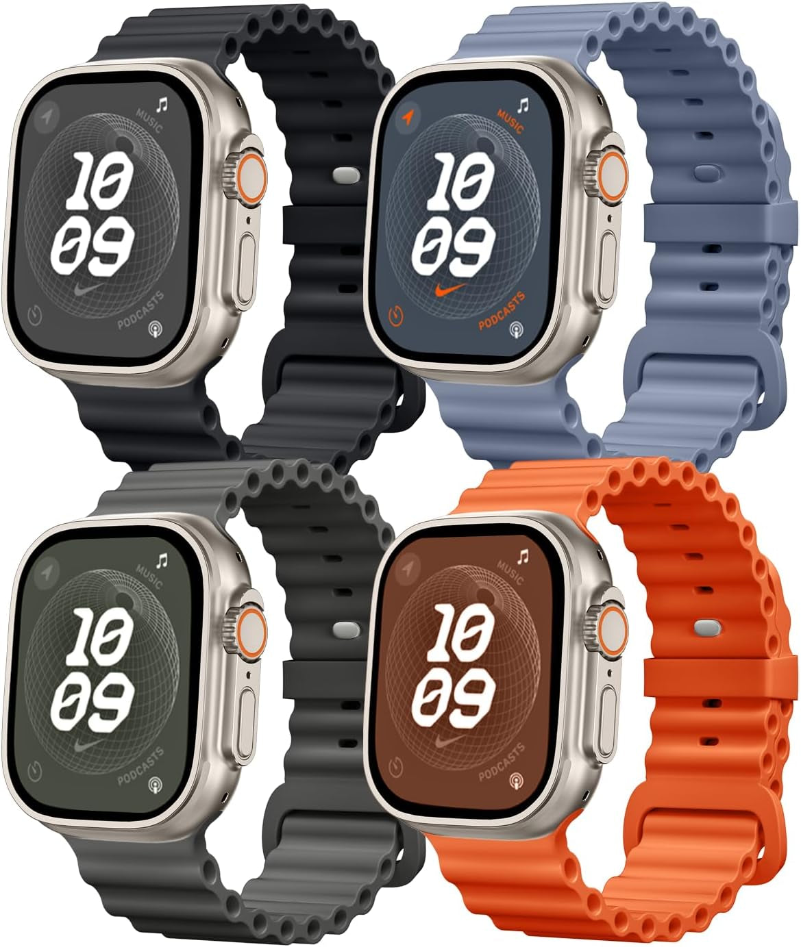 4 Pack Ocean Bands Compatible with Apple Watch Ultra Band 49Mm 45Mm 44Mm 42Mm Men Women, Soft Silicone Straps Sport Rugged Smartwatch Replacement for Iwatch Ultra Ultra 2 Series 9 8 7 6 5 4 3 2 1 SE