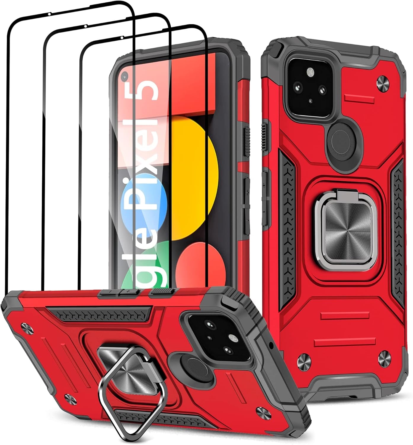 Google Pixel 5 Case Cover with [3 Pcs] Tempered Glass Screen Protector, Military-Grade Built in Magnetic Ring Kickstand Dual Layer Hybrid Shockproof Aromr Rugged Case for Google Pixel 5 - Green  ANOUKE Red  