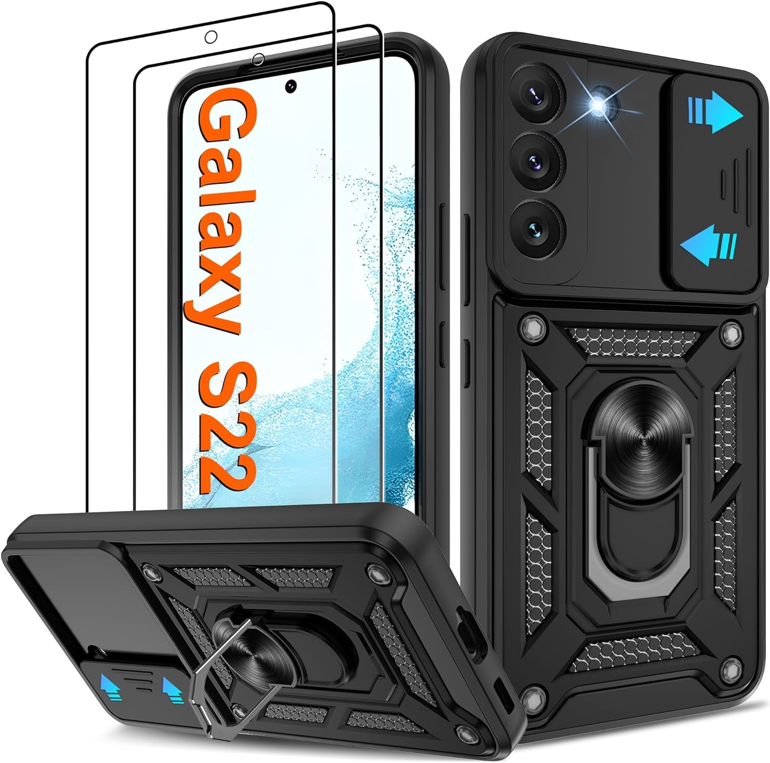 ATUMP for Samsung Galaxy S22 Ultra Case with (2 Pcs) HD Screen Protector, Heavy Duty Shockproof with 360° Rotation Metal Kickstand [Military Grade] Protective Case for S22 Ultra, Blue