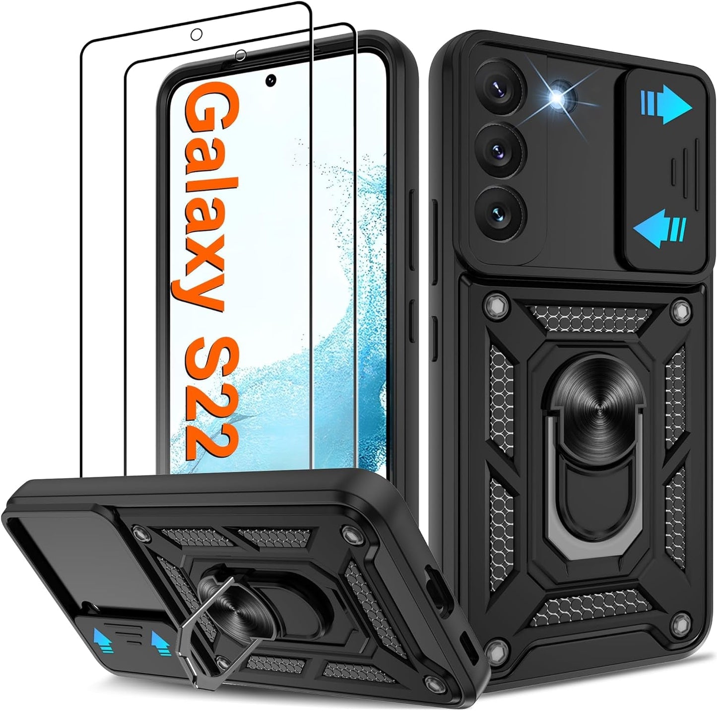 ATUMP for Samsung Galaxy S22 Ultra Case with (2 Pcs) HD Screen Protector, Heavy Duty Shockproof with 360° Rotation Metal Kickstand [Military Grade] Protective Case for S22 Ultra, Blue