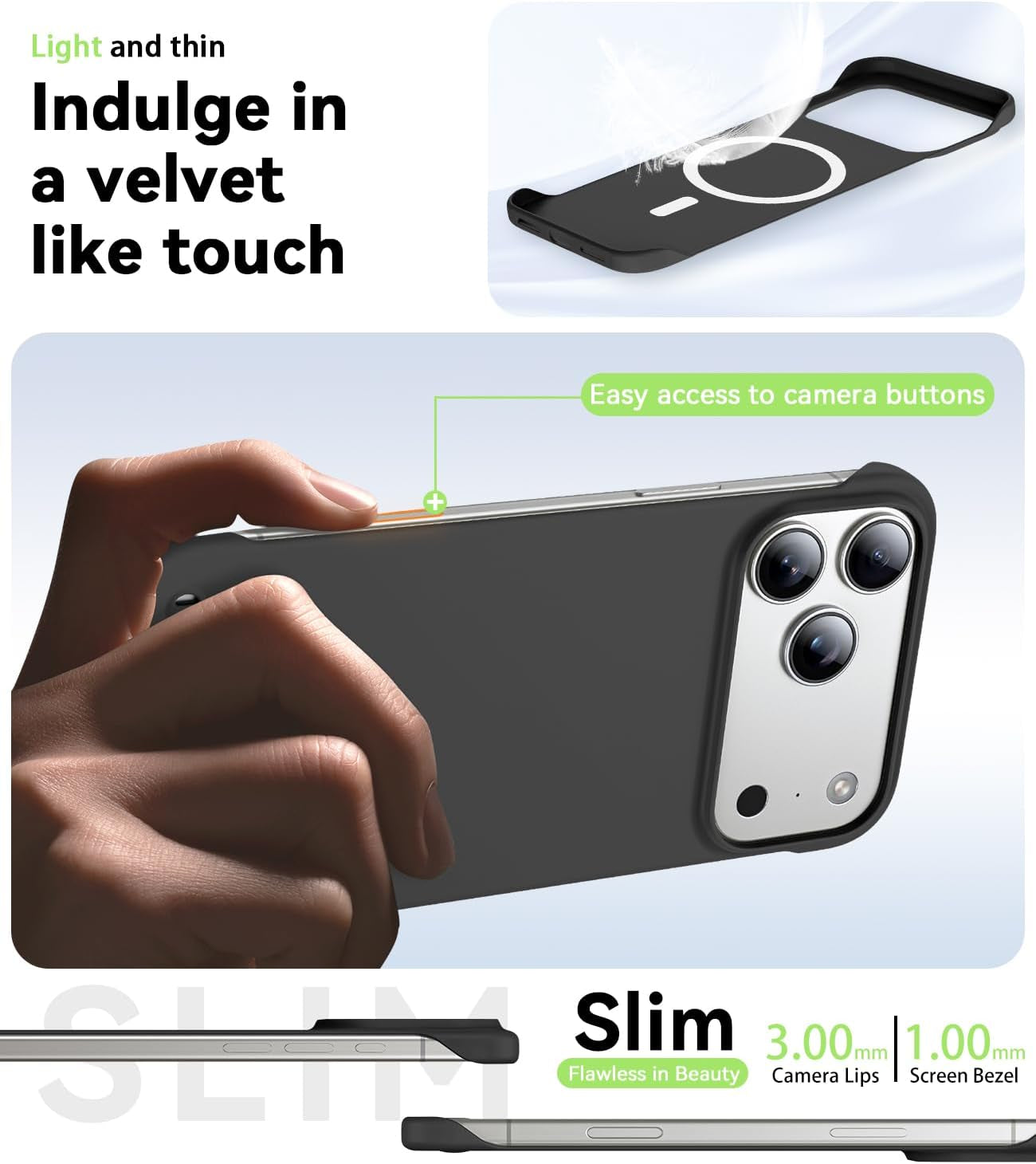 Magnetic Slim Case Fit for Iphone 17 Pro Max Phone Case 6.9"(2025) Ultra-Thin Lightweight Durable Frameless Matte Hard for Magsafe Cover Case with Pull Ring Shockproof Non Slip Rope-Black