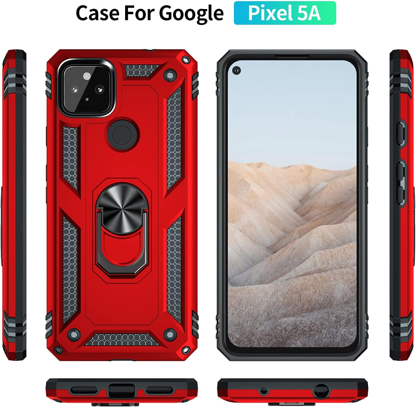Androgate Designed for Google Pixel 5A Case with HD Screen Protectors, Military-Grade Metal Ring Holder Kickstand 15Ft Drop Tested Shockproof Cover Case for Pixel 5A 5G Red  E&M Tek   