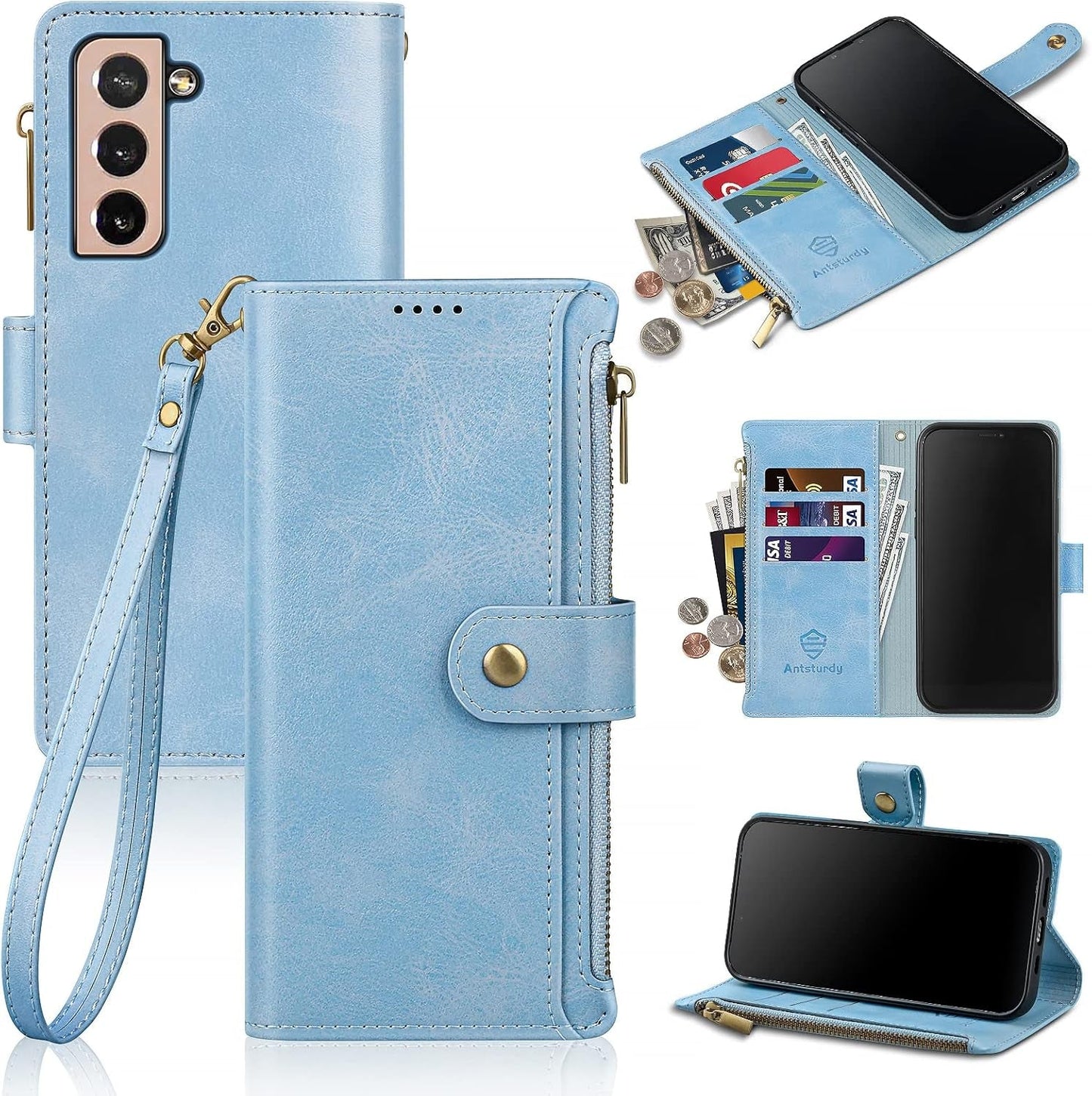 Antsturdy Samsung Galaxy S22+/S22 plus Case Wallet with Card Holder for Women Men,Galaxy S22+/S22 plus Phone Case RFID Blocking PU Leather Flip Cover with Strap Zipper Credit Card Slots,Light Purple