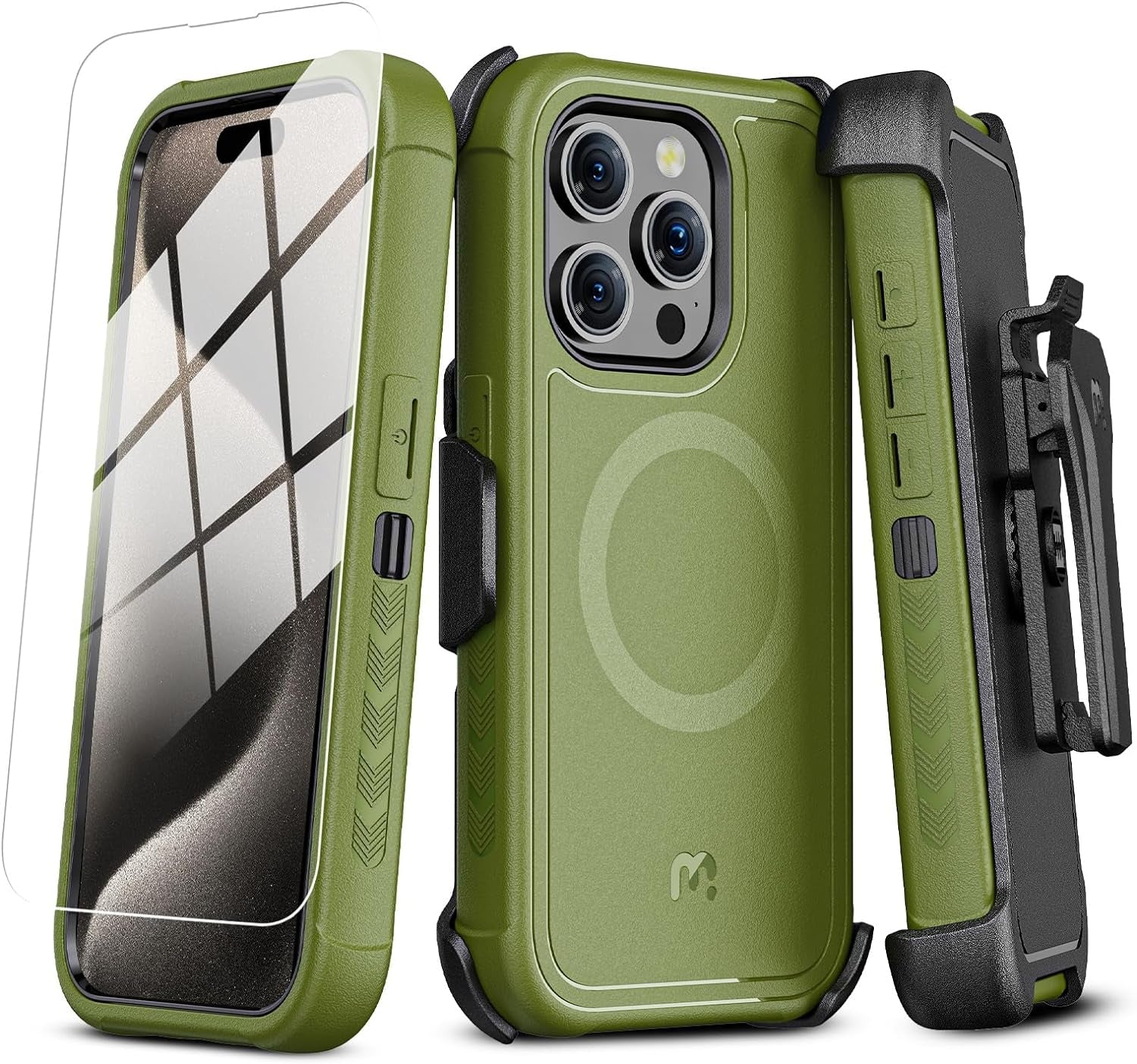 MYBAT PRO Maverick Iphone 15 Pro Case with Belt Clip Holster,Compatible with Magsafe W/Screen Protector,Anti-Drop,Shockproof,With 360°Rotating Kickstand,Heavy Duty Protection Natural Titanium  Valor Communication, Inc. Army Green Iphone 15 Pro 