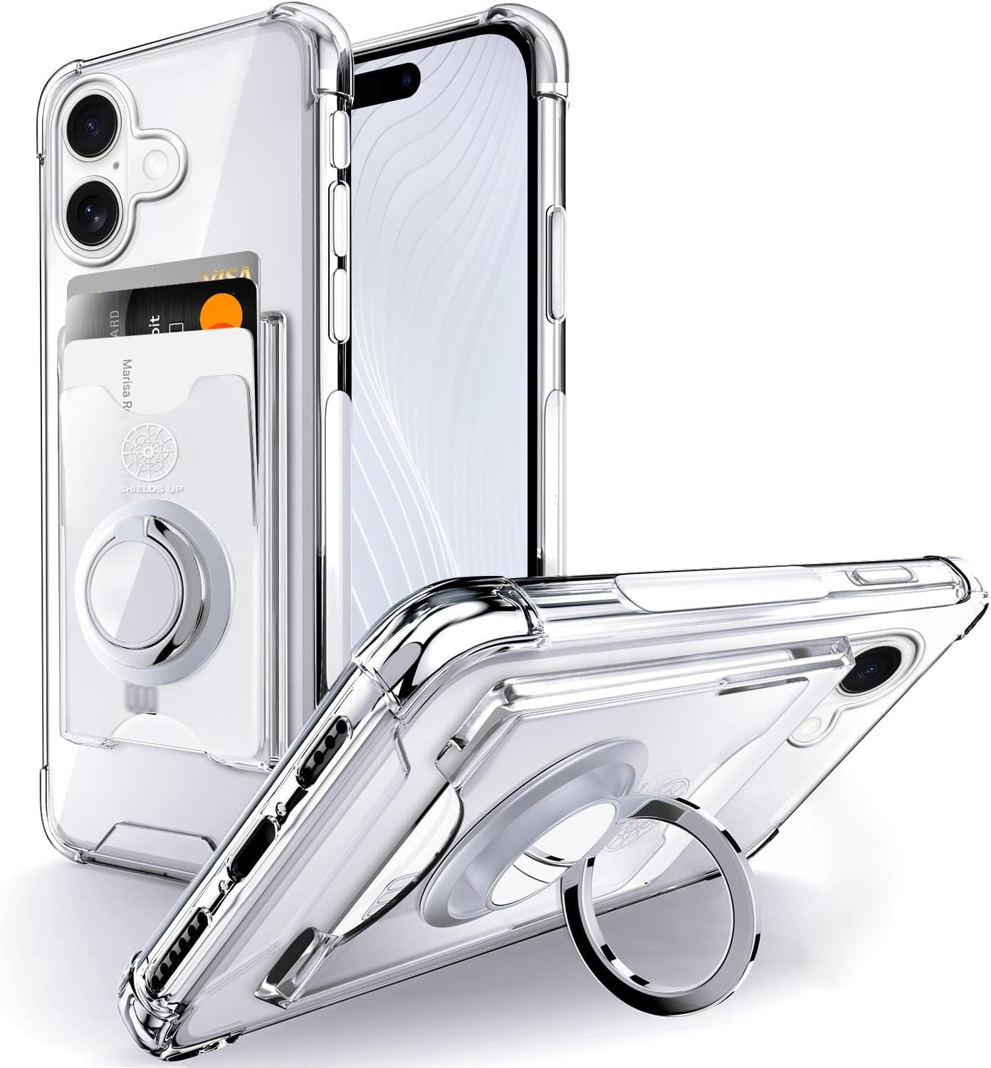 Shields up Designed for Iphone 17 Pro Max Case, Minimalist Wallet Case with Card Holder (3 Cards) & Ring Stand/Kickstand, [Drop Protection] Slim Protective Cover for Iphone 17 Pro Max (6.9 Inch) Clear