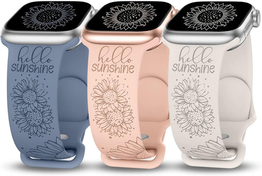 3 Packs Sunflower Engraved Bands Compatible with Apple Watch Bands 45Mm 44Mm 42Mm 49Mm Women Girls, Boho Floral Fancy Fashion Sport Silicone Flower Straps for Iwatch Series 9/Ultra/Se/8/7/6/5/4/3/2/1