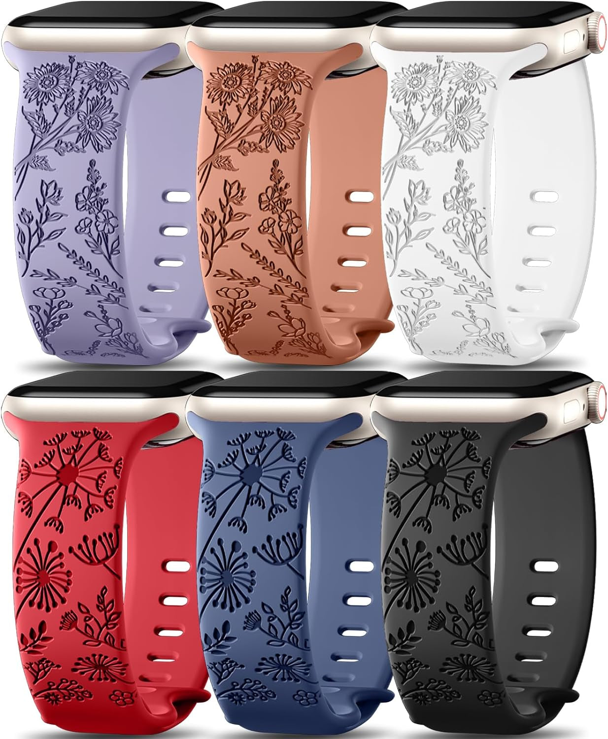 6 Pack Flower Engraved Bands Compatible for Apple Watch Band 40Mm 41Mm 38Mm 42Mm 44Mm 45Mm 49Mm Women,Soft Silicone Cute Wildflowers Sport Laser Strap for Iwatch Bands Series 9 Ultra SE 8 6 5 4 3 2 1