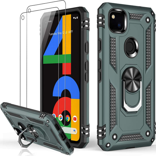 LUMARKE Google Pixel 4A Case with Glass Screen Protector(2 Pack),Pass 16Ft Drop Test Military Grade Heavy Duty Cover with Magnetic Kickstand,Protective Phone Case for Google Pixel 4A Pine Green  LUMARKE Pine Green  