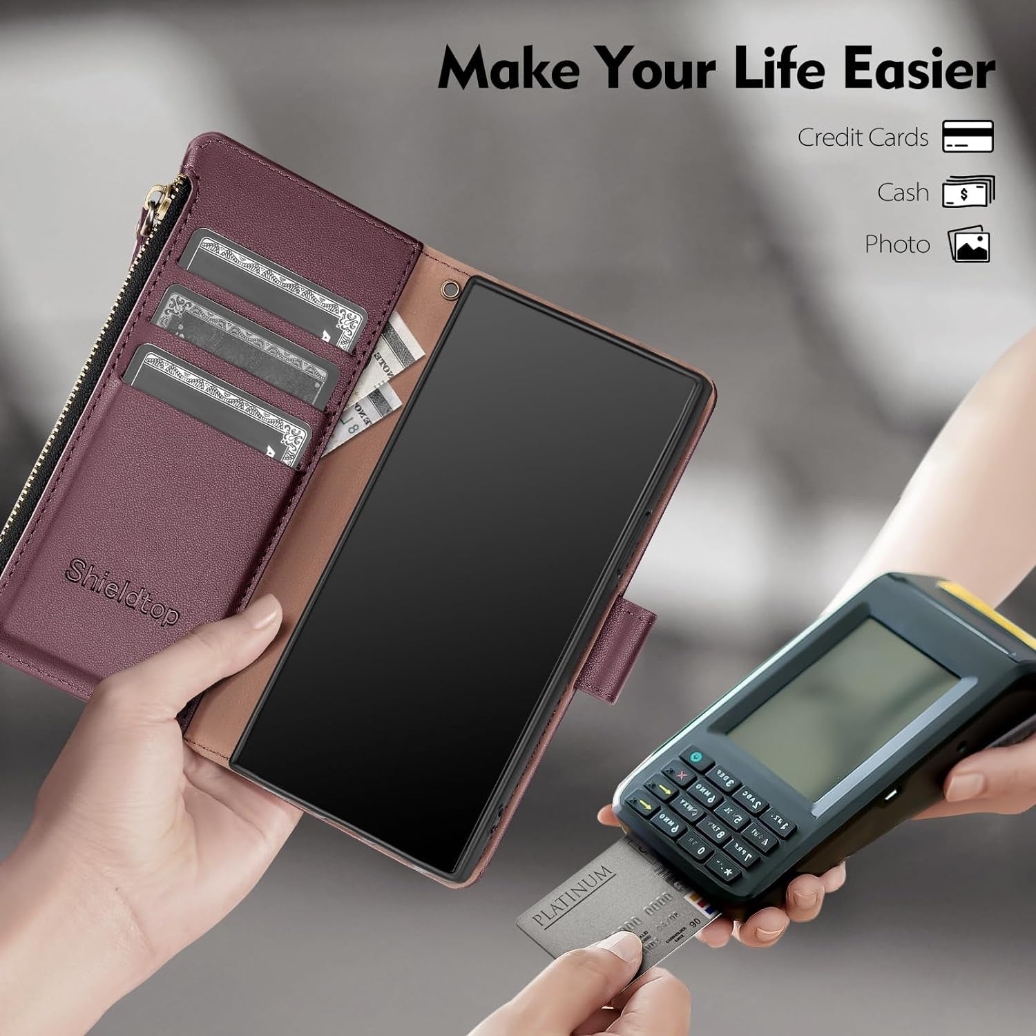 For Samsung Galaxy S22 Ultra 5G Wallet Case,Galaxy S22 Ultra Phone Case PU Leather Flip Folio Protective Cover Zipper Pocket Credit Card Slots Holder RFID Blocking,For Women Men,Wine Red