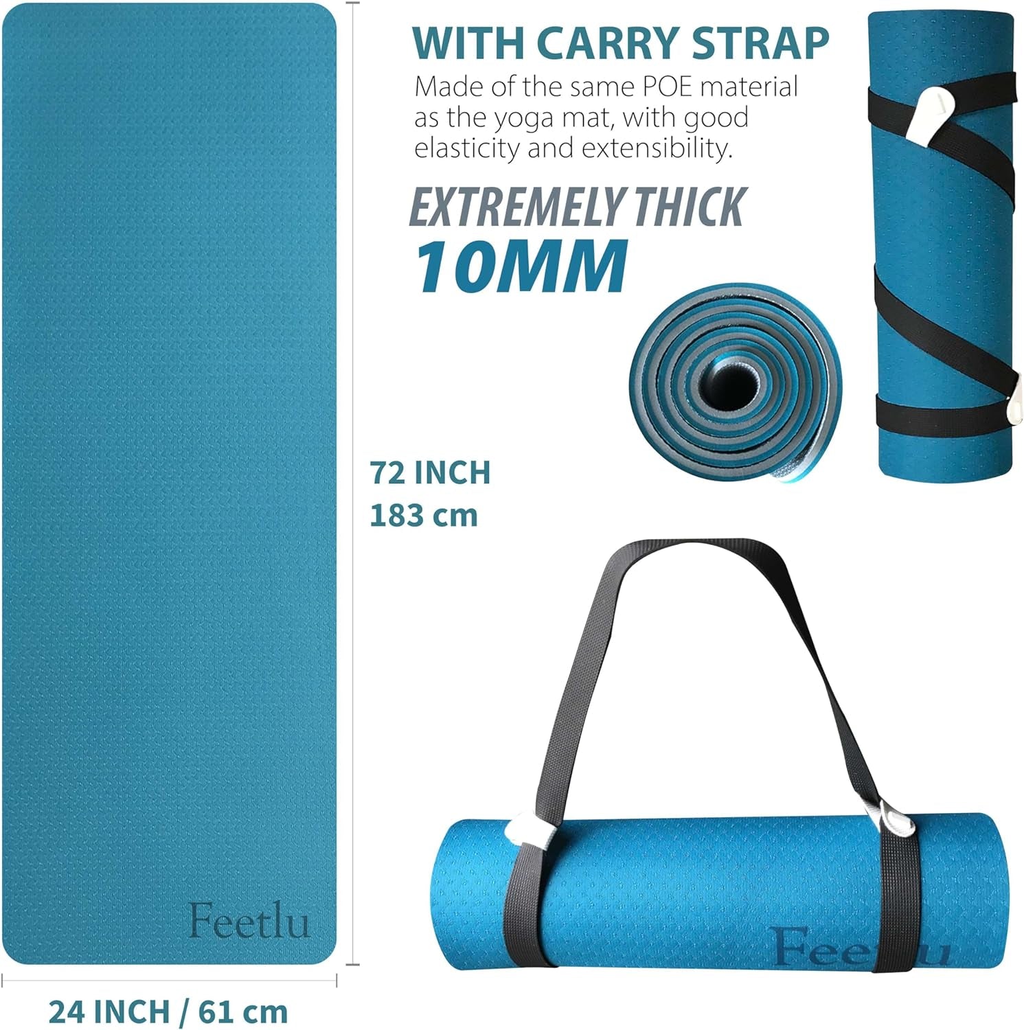 10Mm Thick Yoga Mat with Strap – Non-Skid Dual Surface, Eco-Friendly POE, for Women, Men, Kids. Perfect for Pilates, Yoga, Floor Workouts.
