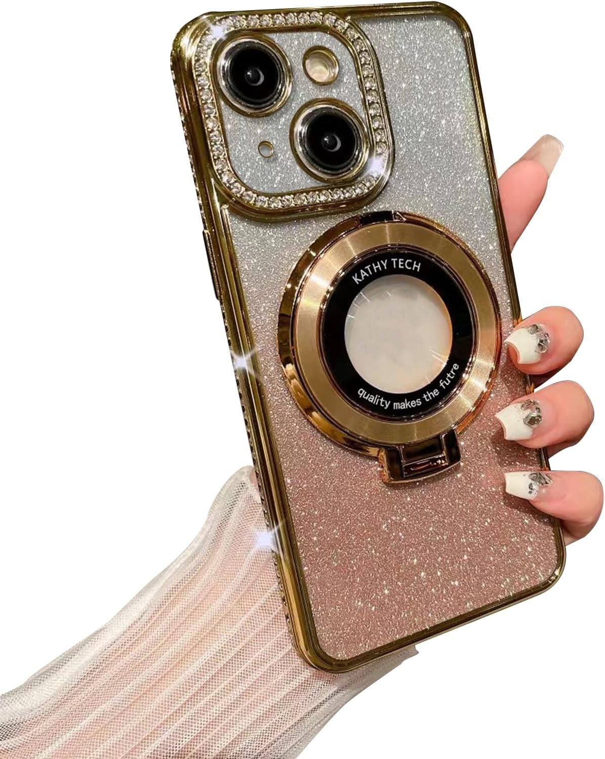 Fycyko Magnetic Case for Iphone 14 Pro with Holder Stand,Rhinestone Glitter Plated Bling Luxury Phone Case（Compatible with Magsafe） Shockproof Kickstand Design for Iphone 14 Pro-Purple  Fycyko Gold Iphone 14 Plus 