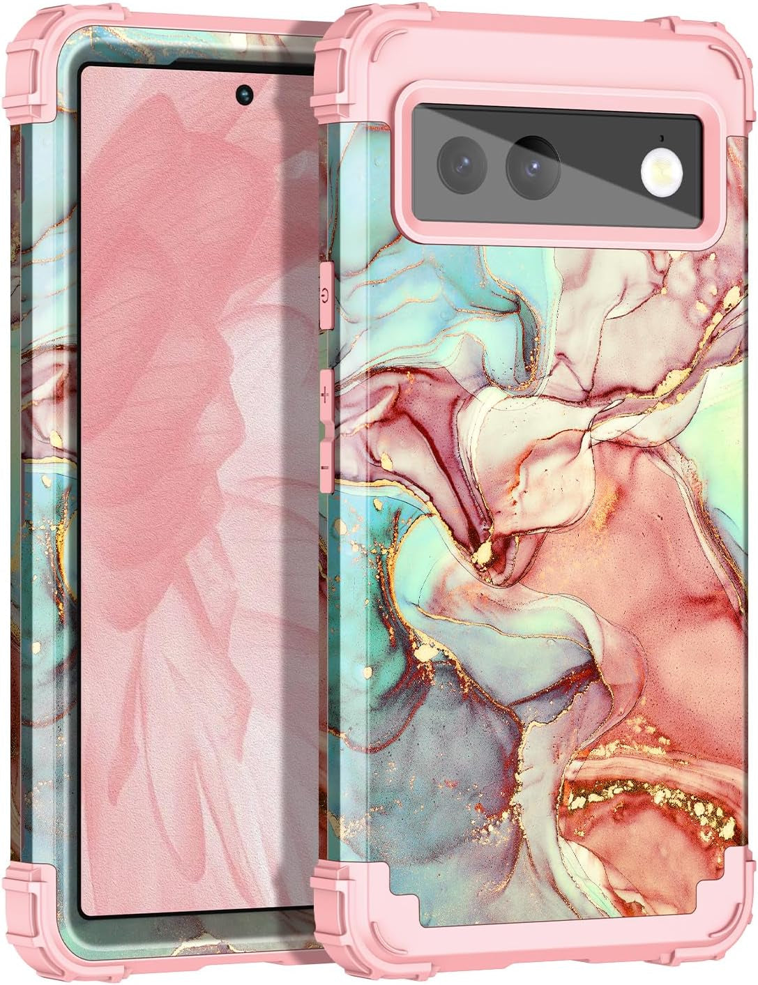 Hekodonk for Google Pixel 6 Case,Heavy Duty Shockproof Protection Hard Plastic+Silicone Rubber Hybrid 3 in 1 Drop Protective Case for Google Pixel 6 Black Flower  Hekodonk B-Rose Gold Mable  