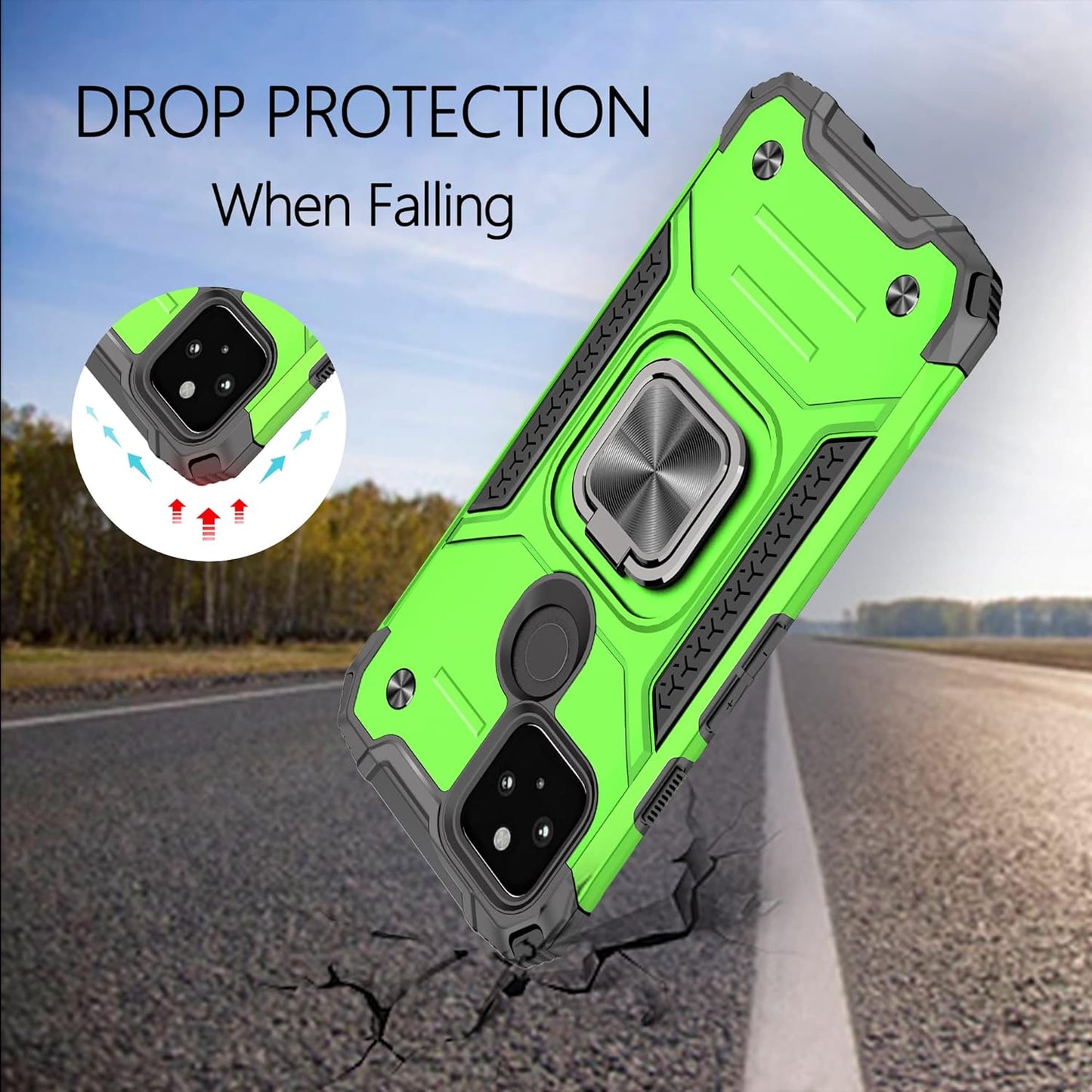 Google Pixel 5 Case Cover with [3 Pcs] Tempered Glass Screen Protector, Military-Grade Built in Magnetic Ring Kickstand Dual Layer Hybrid Shockproof Aromr Rugged Case for Google Pixel 5 - Green  ANOUKE   