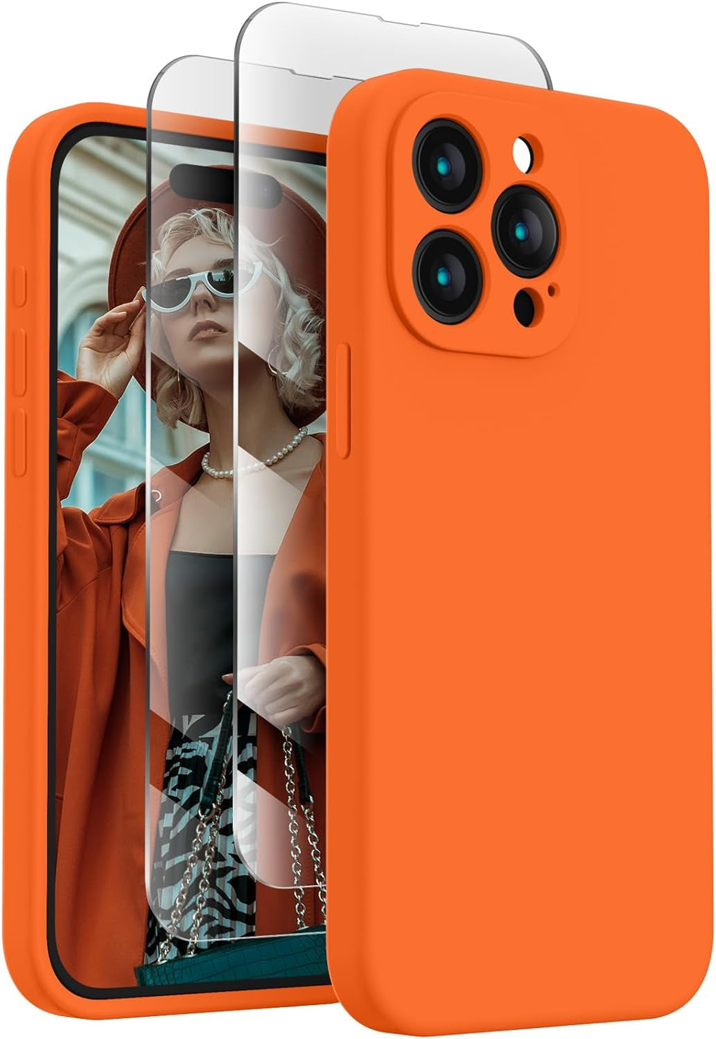 Firenova Designed for Iphone 15 Pro Case, Silicone Upgraded [Camera Protection] Phone Case with [2 Screen Protectors], Soft Anti-Scratch Microfiber Lining Inside, 6.1 Inch, Calke Green  FireNova Neon Orange  