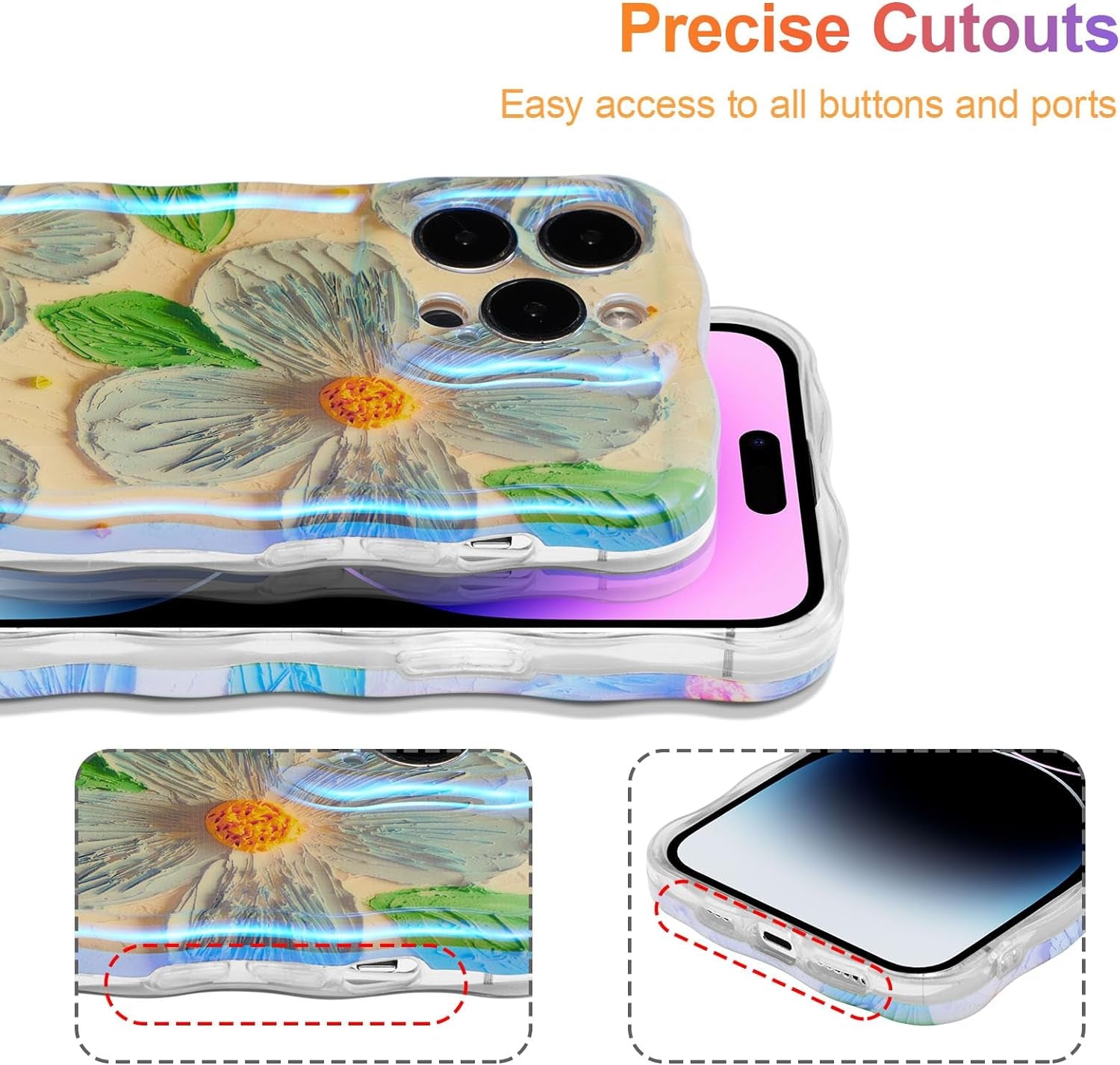 EYZUTAK Case for Iphone 14 Pro, Colorful Retro Oil Painting Flower Leaf Laser Glossy Pattern Cute Curly Wave Edge Exquisite Phone Cover Stylish Durable TPU Protective Case for Girls Women - Blue Green  EYZUTAK   