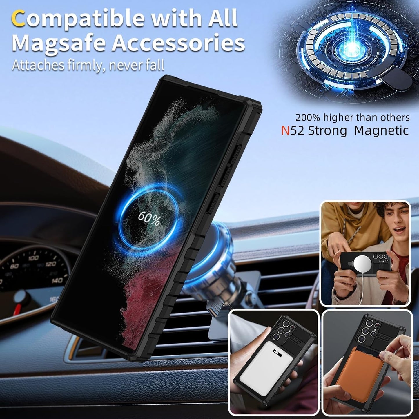 For Samsung Galaxy S22 Ultra Case Compatible with Magsafe Wireless Charging Magnetic Galaxy S22 Ultra Case with Screen Protector, Galaxy S22 Ultra Case with Stand Shockproof Protection Black