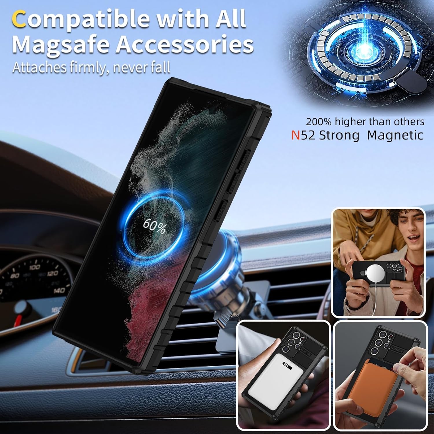 For Samsung Galaxy S22 Ultra Case Compatible with Magsafe Wireless Charging Magnetic Galaxy S22 Ultra Case with Screen Protector, Galaxy S22 Ultra Case with Stand Shockproof Protection Black