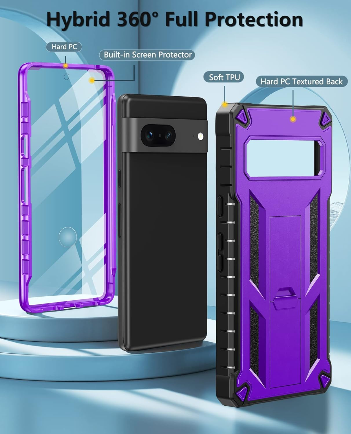 FNTCASE for Google Pixel 7 Case: Built-In Screen Protector & Kickstand | Full-Body Dual Layer Rugged Heavy Duty Protection | Military Shockproof Cell Phone Protective Cover 5G - Purple  FNTCASE   