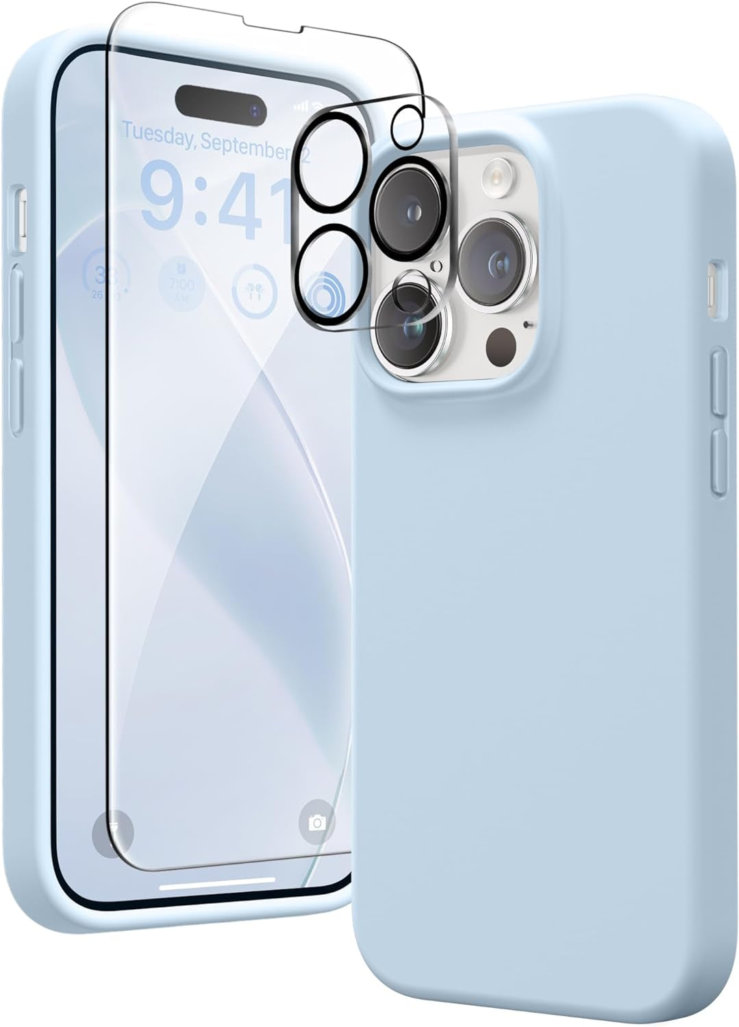 GONEZ for Iphone 14 Pro Case, with 2 Pack Screen Protector + 2 Pack Camera Lens Protector, Soft Anti-Scratch Microfiber Lining, Shockproof Protective Liquid Silicone Phone Cover 6.1'', Blue  GONEZ Blue Iphone 14 Pro 