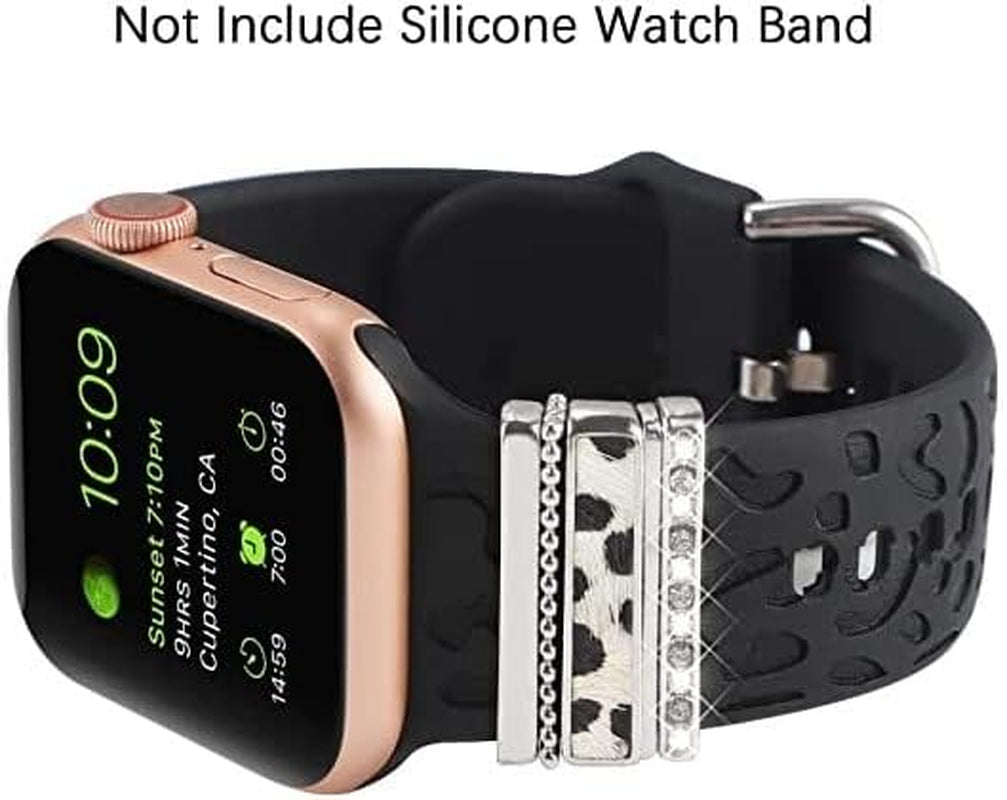 Decorative Rings Loops Compatible with Apple Watch Silicone Bands Metal Diamond Charms 45Mm 44Mm 42Mm 41Mm 40Mm 38Mm Iwatch Series 8 7 6 5 4 3 2 1 Accessories, Leopard Print Silver, Adjustable