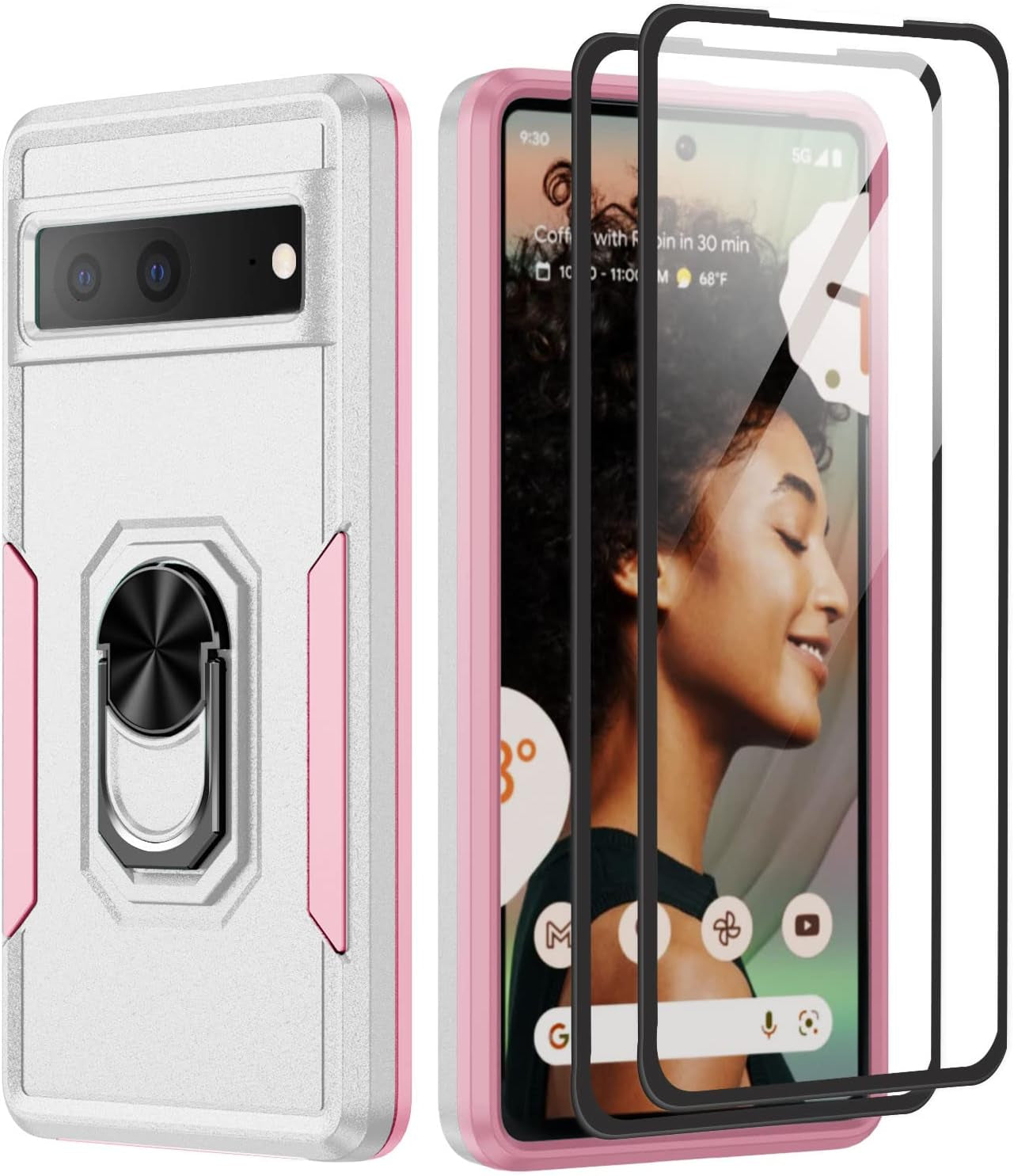 For Google Pixel 6A 5G Case with Screen Protector, Military Grade Dual Layer Heavy Duty Shockproof Full Body Protective Phone Cover, Built in Rotatable Magnetic Ring Holder for 6A (Black)  Niecase White  