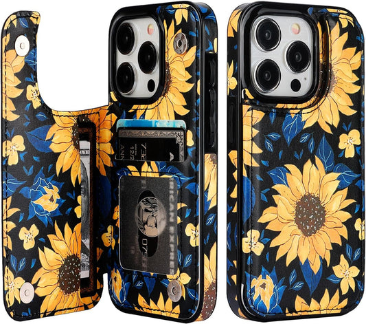 HAOPINSH for Iphone 15 Pro Wallet Case with Card Holder, Blooming Sunflowers Pattern Back Flip Folio PU Leather Kickstand Card Slots Case for Women Girls, Double Magnetic Clasp Cover 6.1"  HAOPINSH   