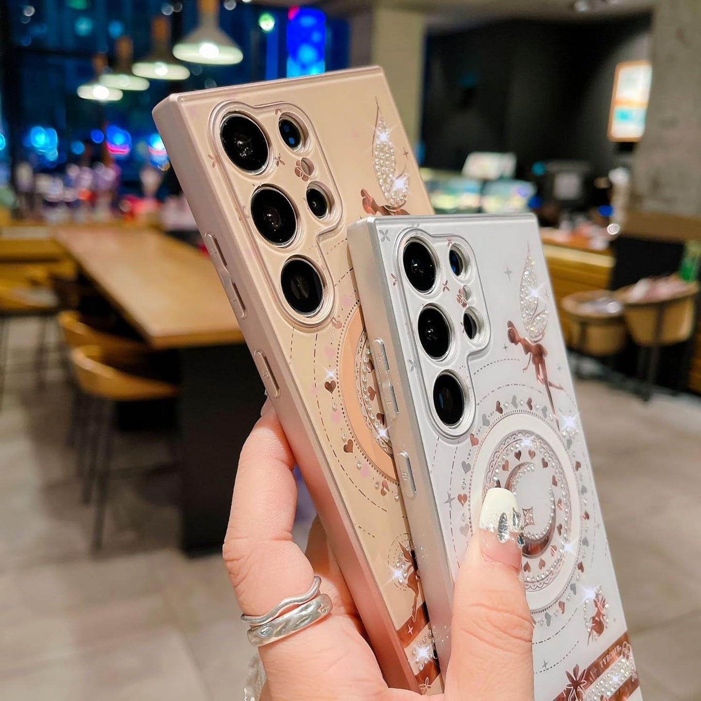 Cute Bling Magnetic Case for Galaxy S22 Ultra,Sparkle Luxury Rhinestone Heart Moon Star Angel Fairy Plating [Compatible with Magsafe] Girls Women for Samsung Galaxy S22 Ultra (Pink)