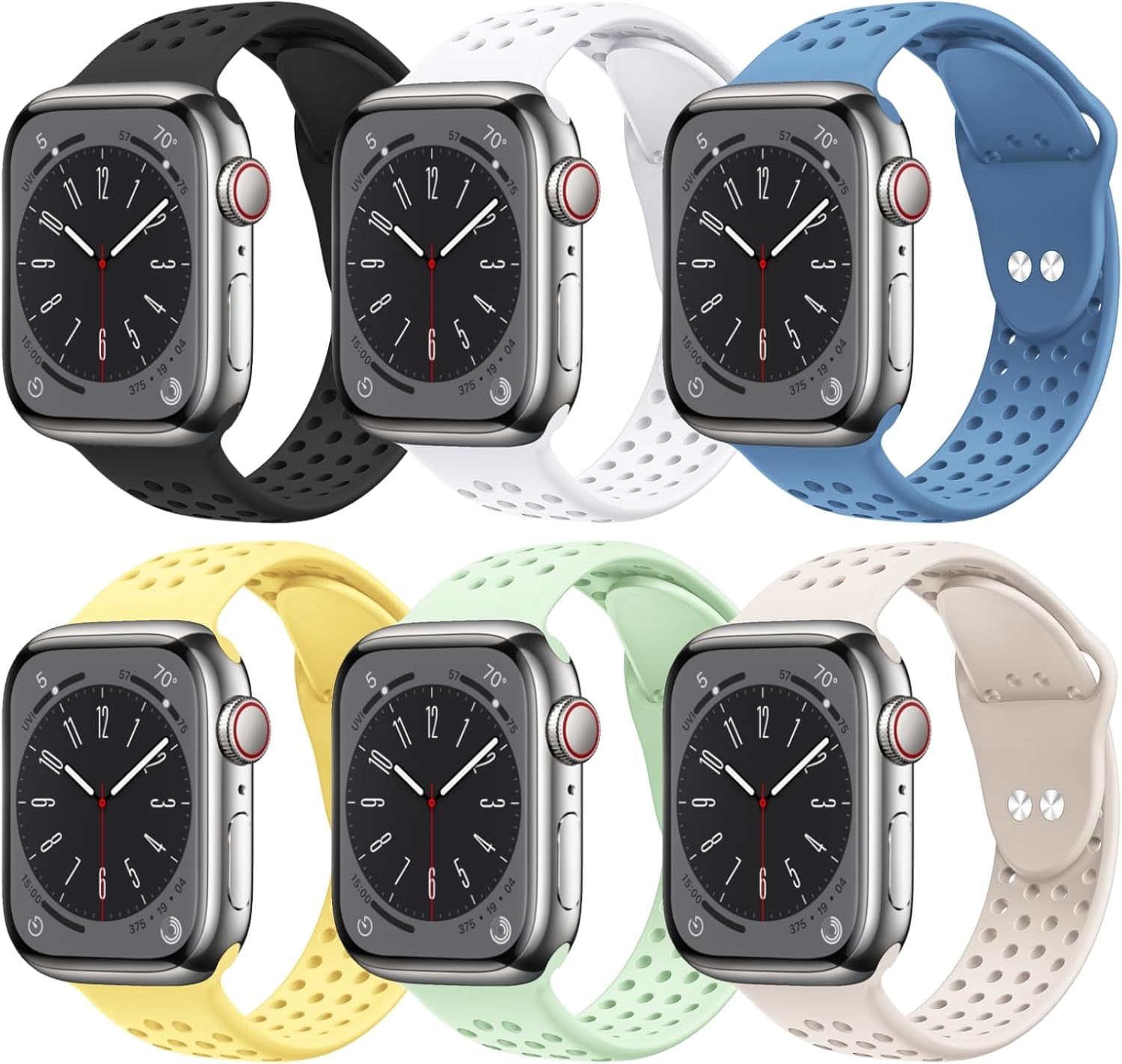 6 Pack Sport Bands Compatible for Apple Watch Bands 49Mm 45Mm 44Mm 42Mm 41Mm 40Mm 38Mm,Breathable Soft Silicone Sport Women Men Replacement Strap Compatible for Iwatch Series 9 Ultra2/Ultra 8 7 6 5 4 3 2 1 SE