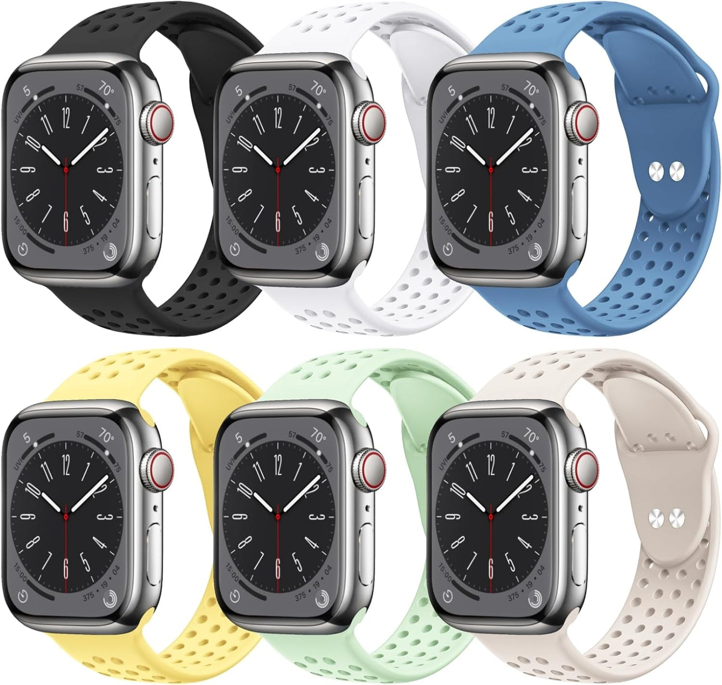 6 Pack Sport Bands Compatible for Apple Watch Bands 49Mm 45Mm 44Mm 42Mm 41Mm 40Mm 38Mm,Breathable Soft Silicone Sport Women Men Replacement Strap Compatible for Iwatch Series 9 Ultra2/Ultra 8 7 6 5 4 3 2 1 SE