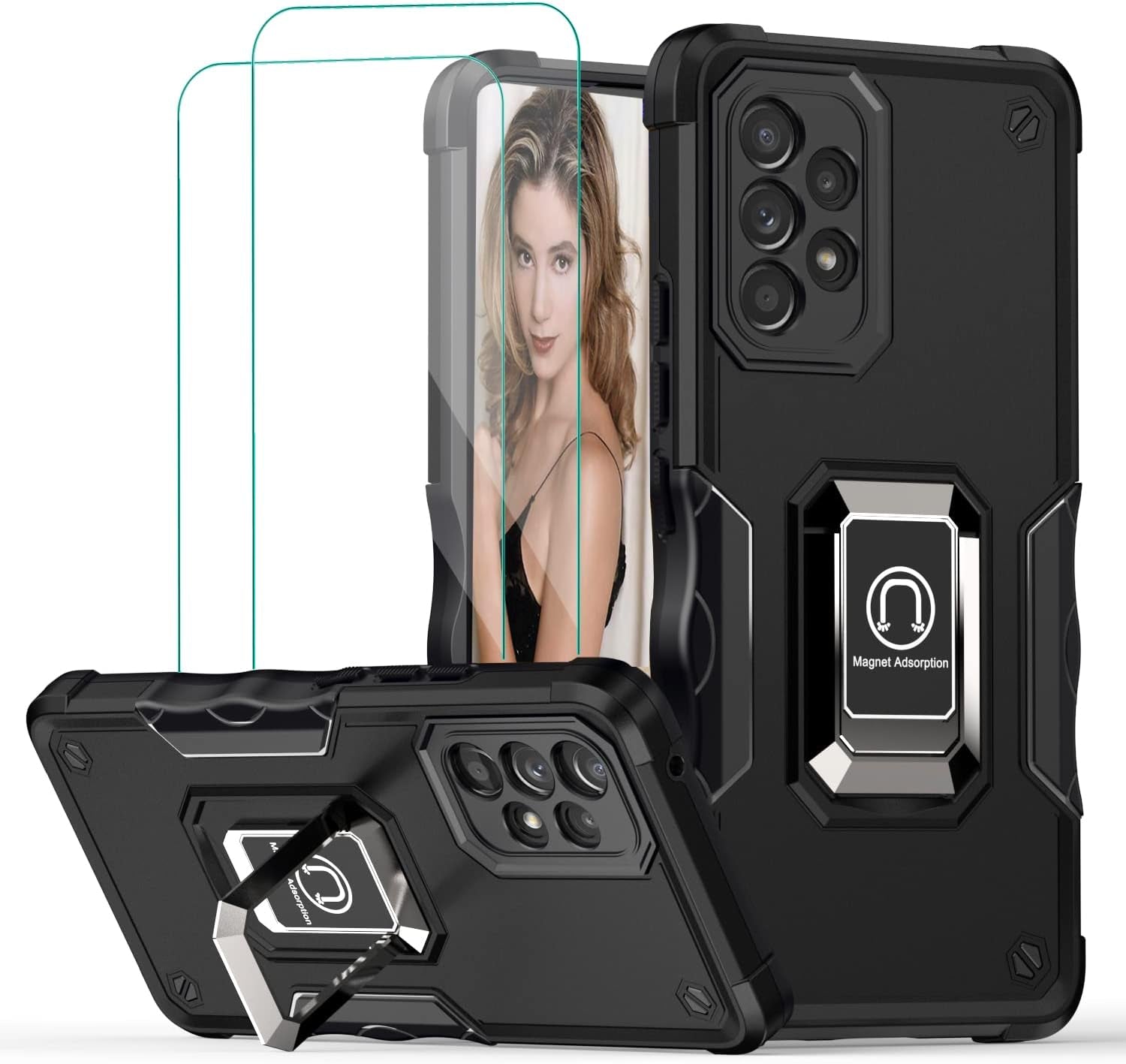 For Samsung Galaxy A53 Case with Tempered Glass Screen Protector [2 Pack],Galaxy A53 5G Military Grade Shockproof Protective & Built in Metal Ring Magnetic Kickstand Cover (Black)