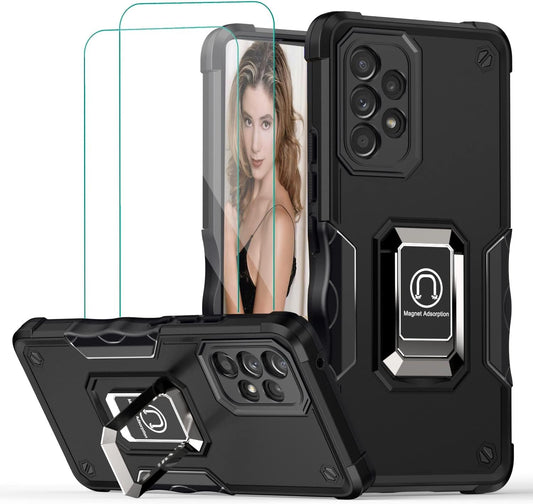 For Samsung Galaxy A53 Case with Tempered Glass Screen Protector [2 Pack],Galaxy A53 5G Military Grade Shockproof Protective & Built in Metal Ring Magnetic Kickstand Cover (Black)