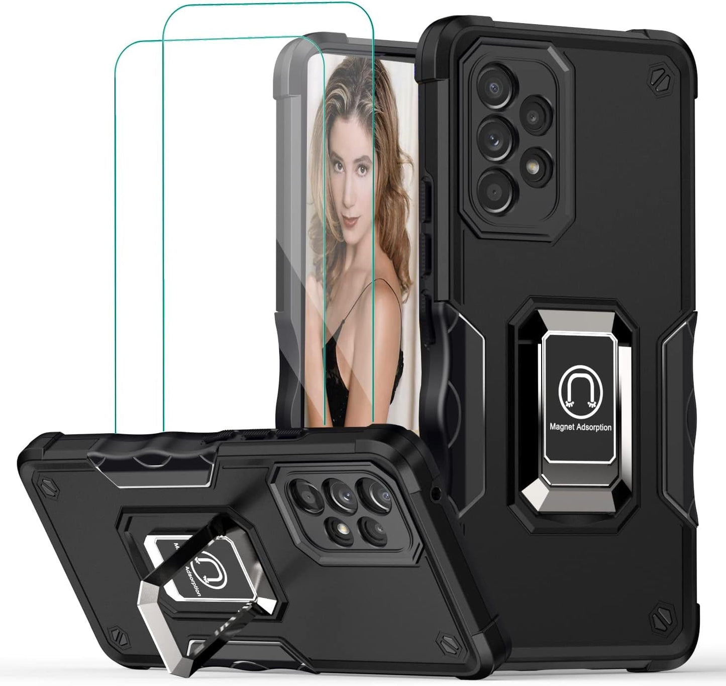 For Samsung Galaxy A53 Case with Tempered Glass Screen Protector [2 Pack],Galaxy A53 5G Military Grade Shockproof Protective & Built in Metal Ring Magnetic Kickstand Cover (Black)