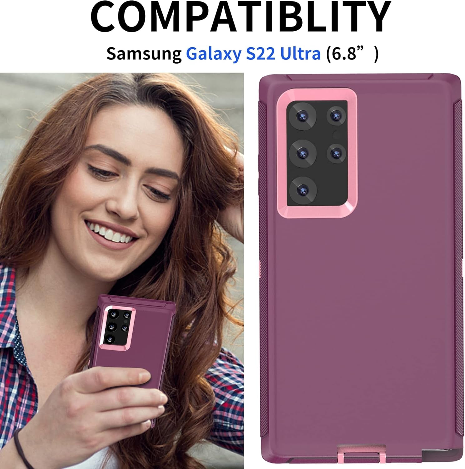 FEIYAR HOME Case for Samsung Galaxy S22 Ultra Case, with Tempered Glass Camera Lens Protector, Rugged Heavy Duty Case for Galaxy S22 Ultra, Wine Pink