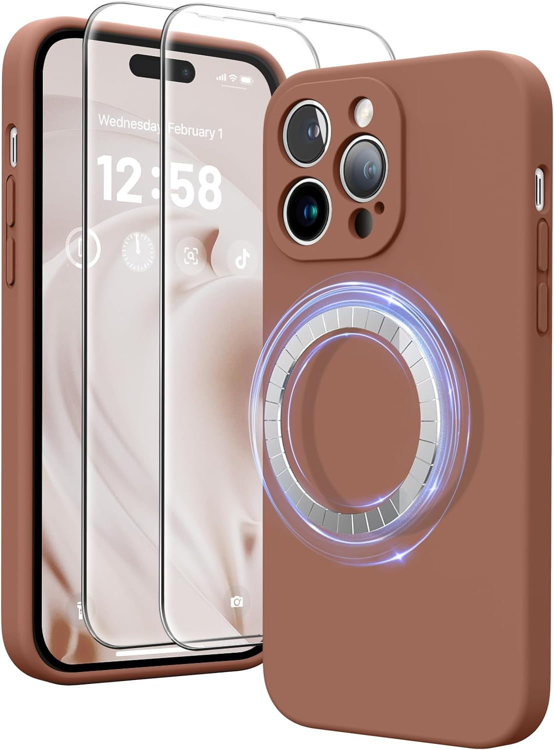HIKII for Iphone 14 Pro Case Magnetic, Upgraded Silicone [Camera Protection] [Compatible with Magsafe] for Iphone 14 Pro Case with [2 Screen Protectors], 6.1 Inch, Light Brown  HIKII Caramel  