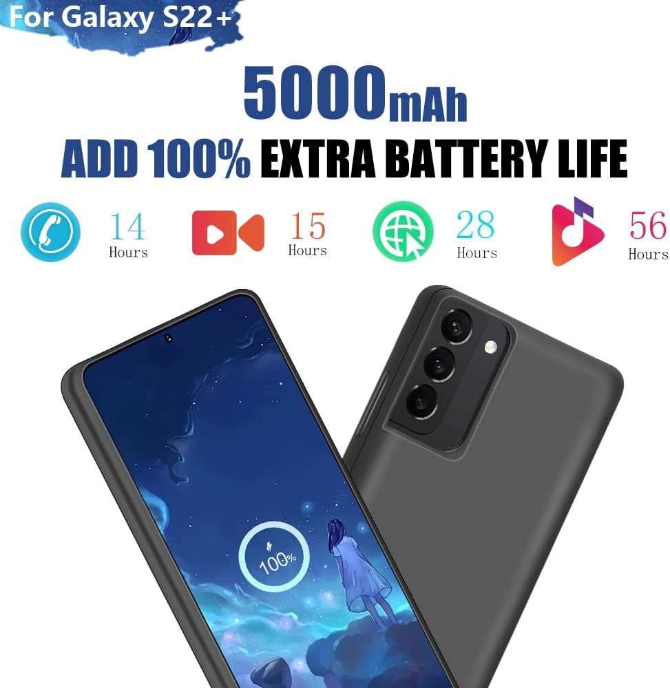 Battery Case for Samsung Galaxy S22+ / S22 Plus, 5000Mah Rechargeable Extended Battery Charging Charger Case, Add 100% Extra Juice, Not Compatible with S22 or S22 Ultra (6.6 Inch) Black