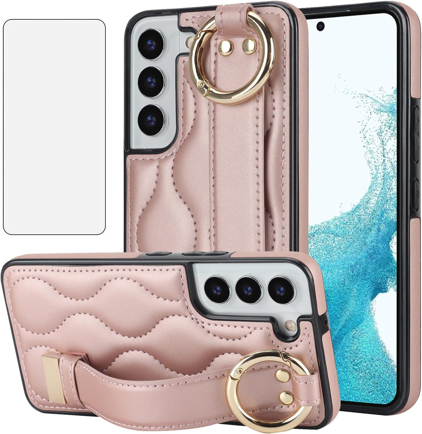 Asuwish Phone Case for Samsung Galaxy S22 plus S22+ 5G Cover with Screen Protector and Wrist Strap Kickstand Wristband Holder Ring Silicone Rubber Cell S22+5G S22Plus 22S + S 22 22+ Women Men Brown