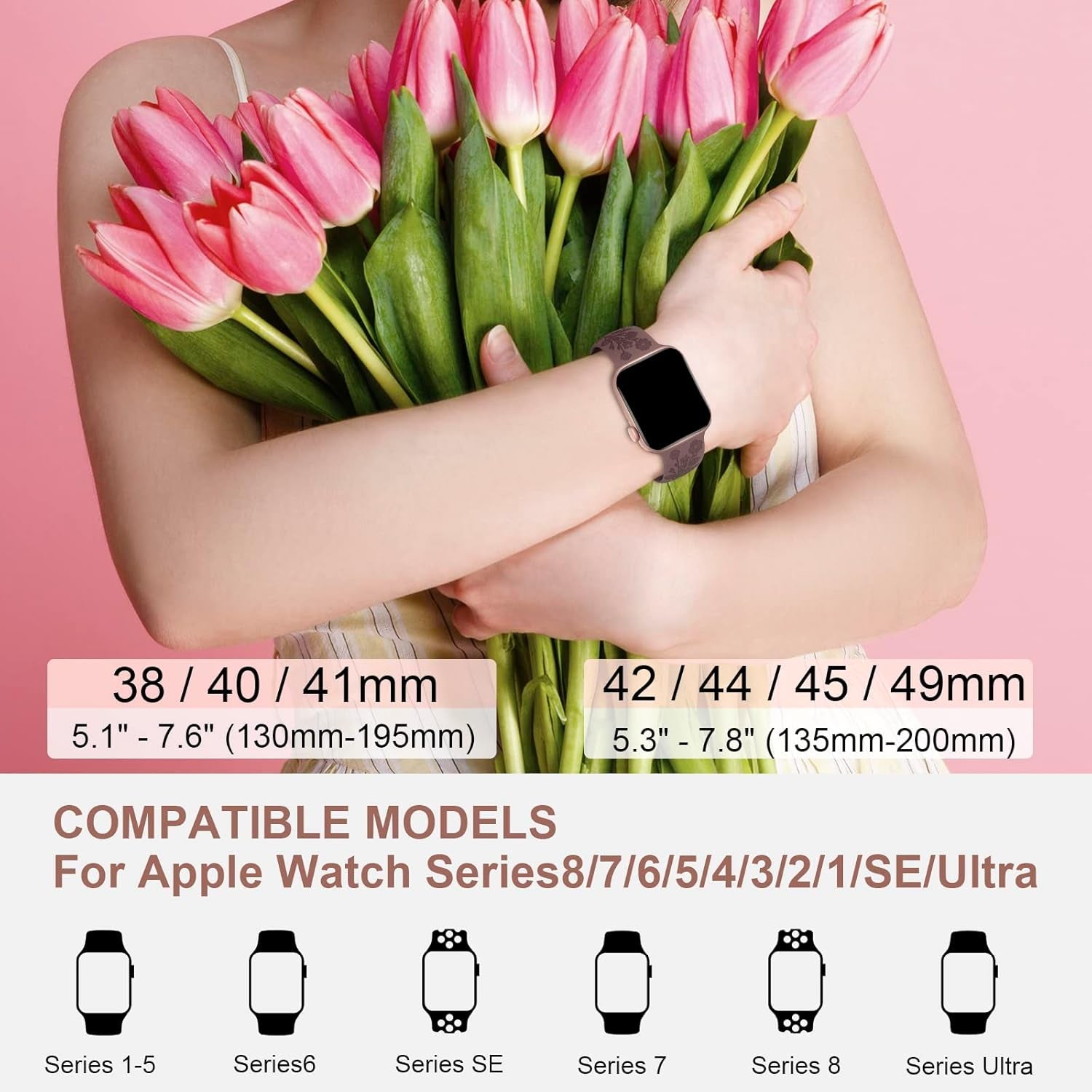 4 Pack Flower Engraved Silicone Band Compatible with Apple Watch Band 38Mm 40Mm 41Mm 42Mm 44Mm 45Mm 49Mm, Women Soft Floral Strap Sport Wristbands for Iwatch Series 9/8/7/6/5/4/3/2/1/Se/Ultra