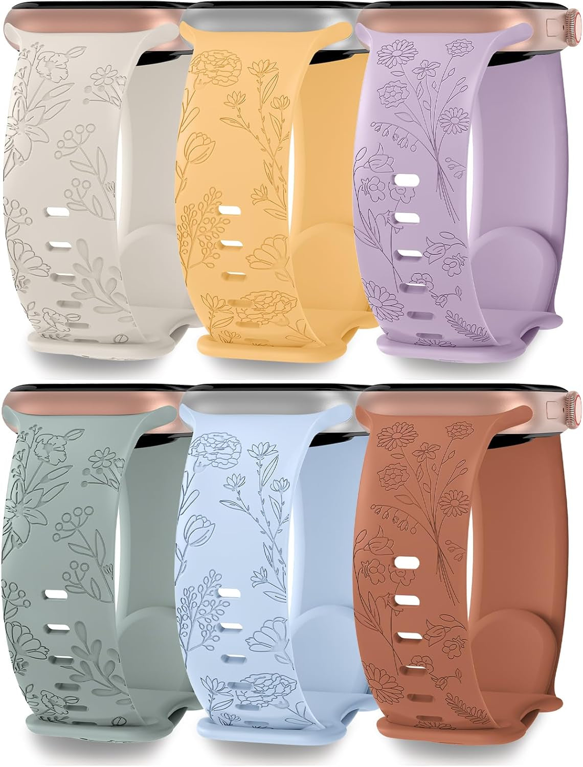 6 Pack Floral Engraved Compatible for Apple Watch Band 38Mm 40Mm 41Mm 42Mm 44Mm 45Mm 49Mm Women, Soft Silicone Cute Flower Sport Strap for Iwatch Bands Series 9 8 7 SE 6 5 4 3 2 1 Ultra