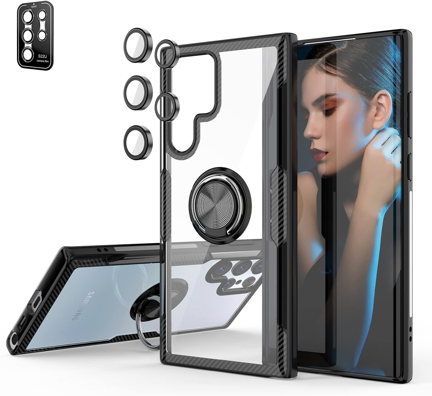 Galaxy S22 Ultra Case with 9H Tempered Glass Camera Screen Protector, Carbon Fiber Design Crystal Clear Cover with Rotation Ring Kickstand [Work with Magnetic Car Mount] for Samsung Galaxy S22 Ultra
