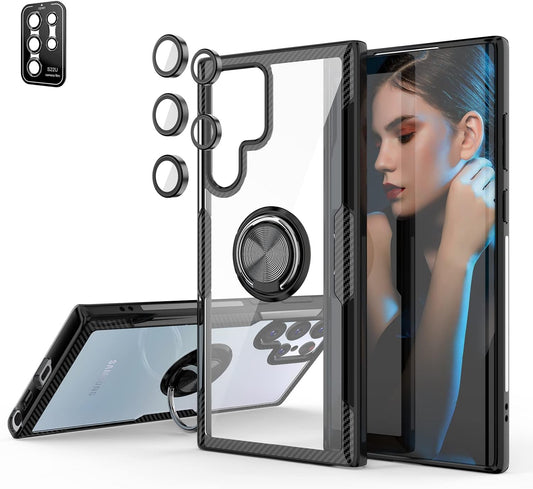 Galaxy S22 Ultra Case with 9H Tempered Glass Camera Screen Protector, Carbon Fiber Design Crystal Clear Cover with Rotation Ring Kickstand [Work with Magnetic Car Mount] for Samsung Galaxy S22 Ultra