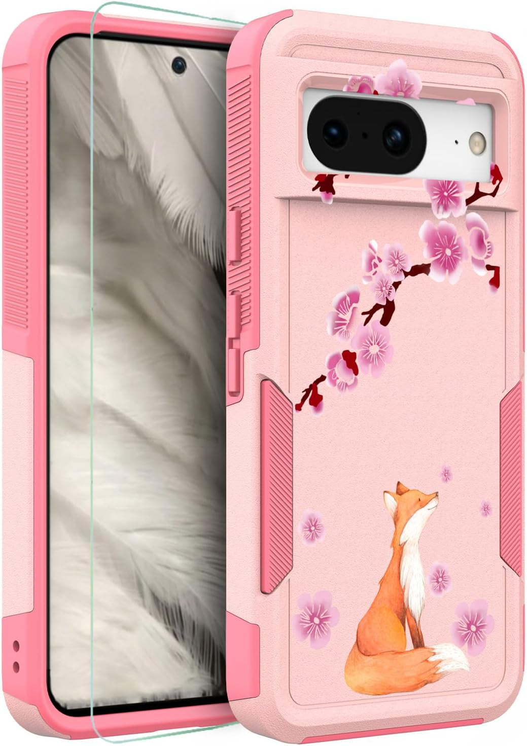 For Google Pixel 8 5G Case with Tempered Glass Screen Protector: Cute Flower Floral Design for Girls Women Slim Fit Soft TPU Bumper Silicone Cell Phone Cover (Funny Cat)  Ftonglogy Lucky Fox  