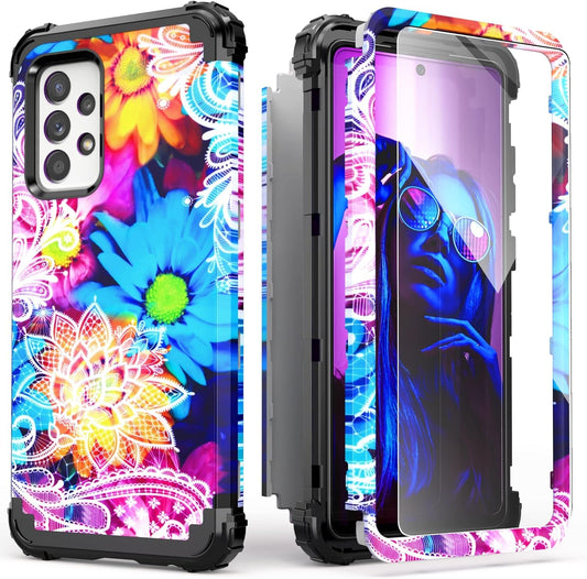 Galaxy A53 5G Case with Tempered Glass Screen Protector(2022),Idweel Hybrid 3 in 1 Shockproof Slim Heavy Duty Protection Hard PC Cover Soft Silicone Rugged Bumper Full Body Durable Cover,Flower