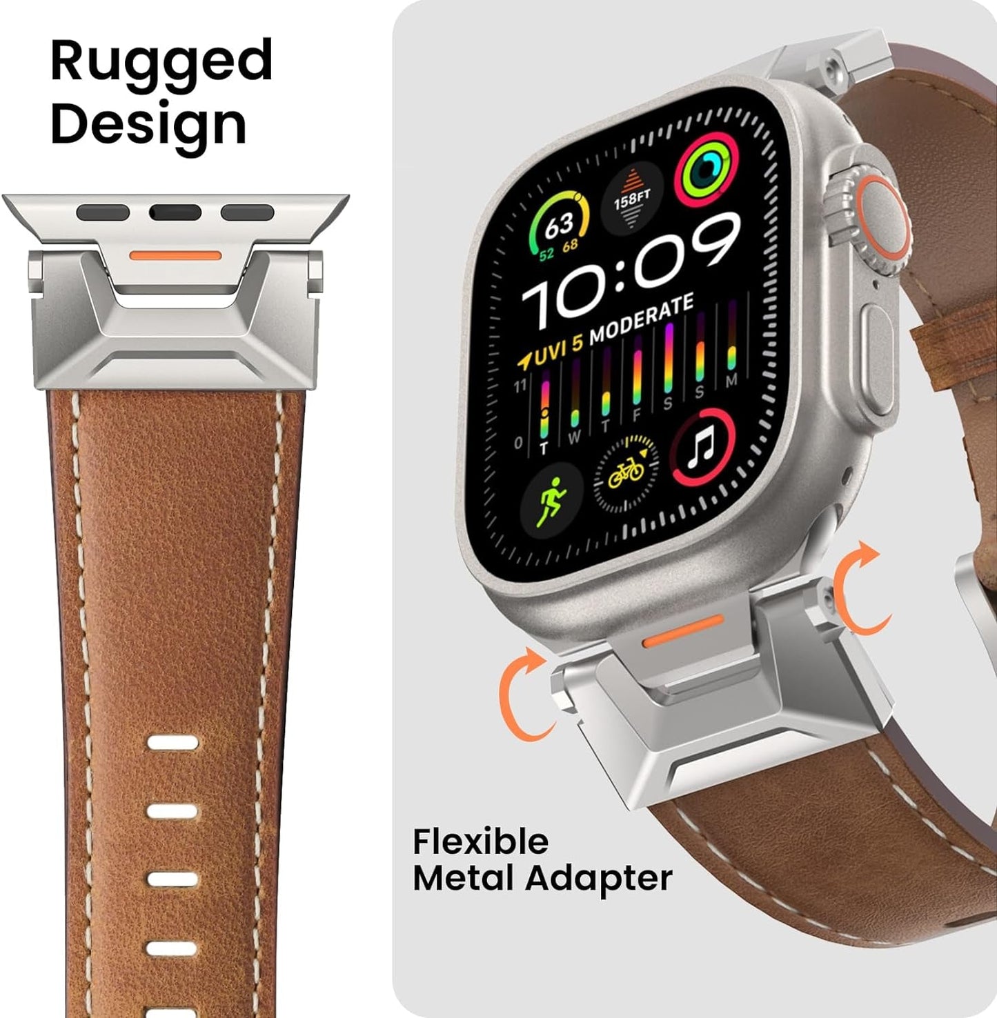 Genuine Leather Band Compatible with Apple Watch Ultra 2/Ultra Band 49Mm 45Mm 44Mm 42Mm for Men Women, Rugged Strap with Stainless Steel Connectors for Iwatch Ultra Series SE 9 8 7 6 5 4 3