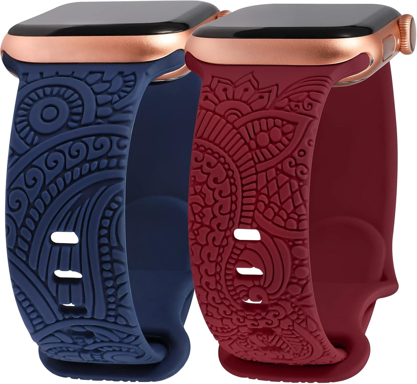 2 Packs Boho Engraved Bands Compatible with Apple Watch Bands 41Mm 40Mm 38Mm 45Mm 44Mm 42Mm 49Mm Women Girls Men, Silicone Sport Fancy Dressy Cute Strap for Iwatch Series 9/Ultra/Se/8/7/6/5/4/3/2/1