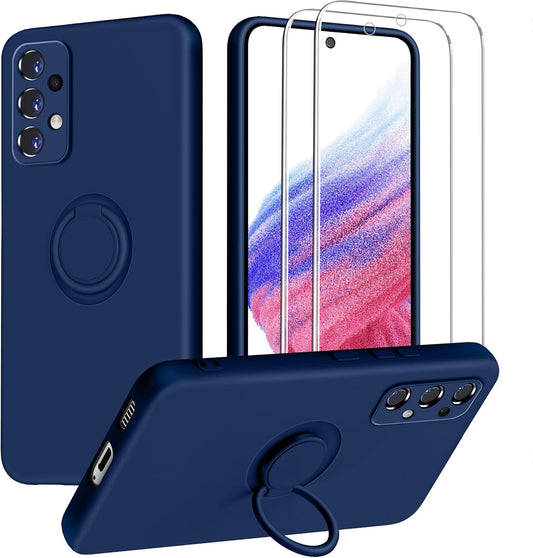 Dssairo for Samsung Galaxy A53 5G Phone Case, Ring Stand [360° Rotatable Ring Holder] with 2 Screen Protector, with Full Camera Cover Protection, Silicone Slim Protective Phone Case (Navy Blue)