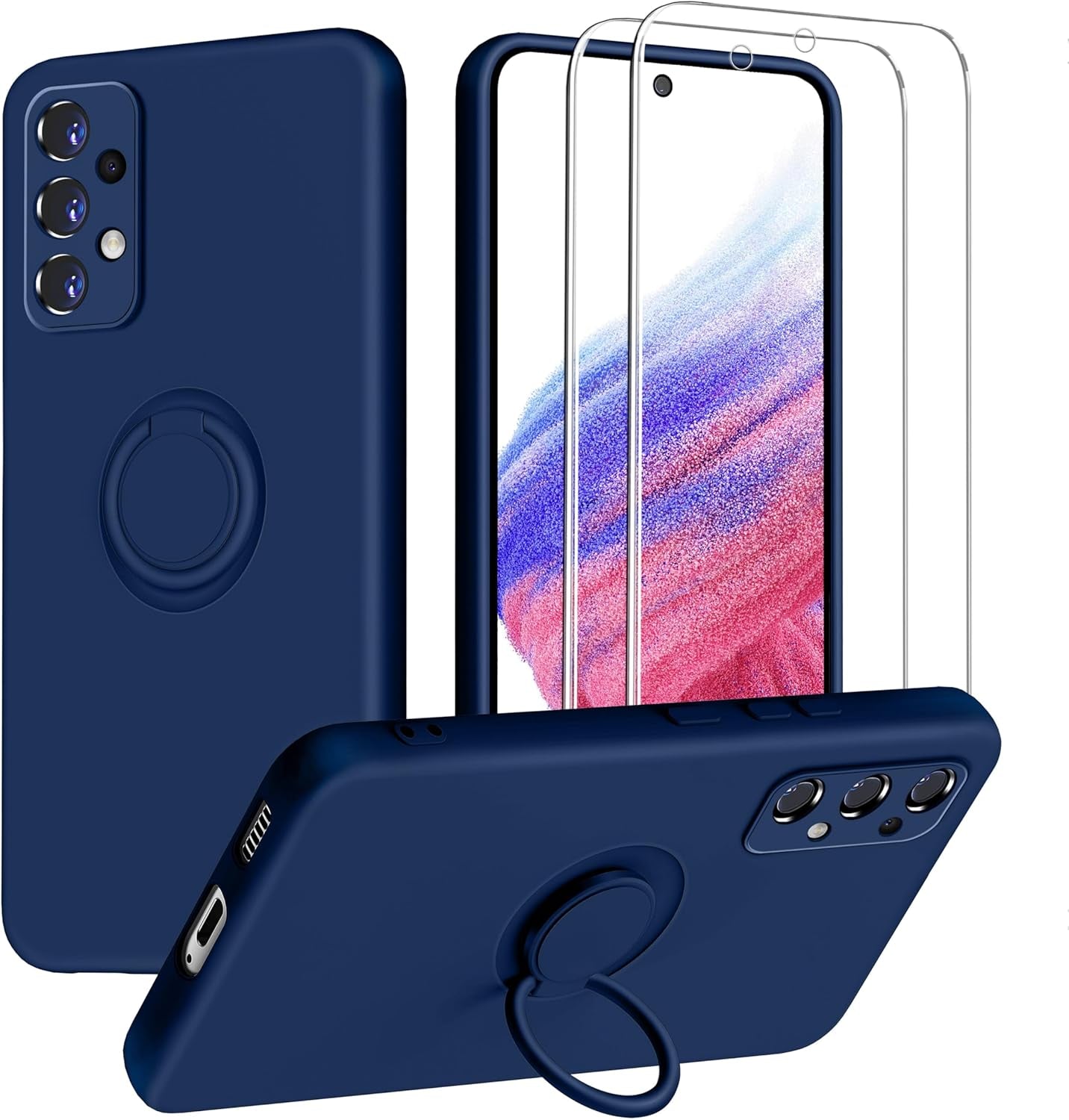 Dssairo for Samsung Galaxy A53 5G Phone Case, Ring Stand [360° Rotatable Ring Holder] with 2 Screen Protector, with Full Camera Cover Protection, Silicone Slim Protective Phone Case (Navy Blue)