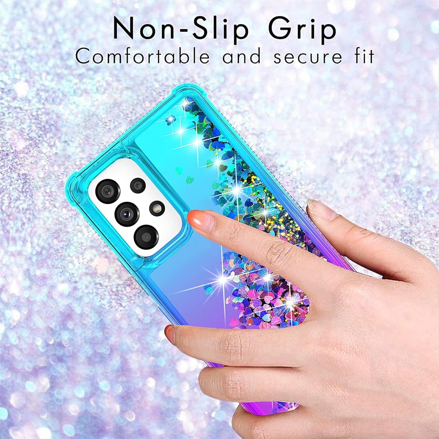 For Galaxy A53 Case,Samsung A53 5G Case with HD Screen Protector,Gradient Quicksand Glitter Liquid Floating Waterfall Durable Girls Cute Phone Case for Samsung Galaxy A53 5G (Teal/Purple)