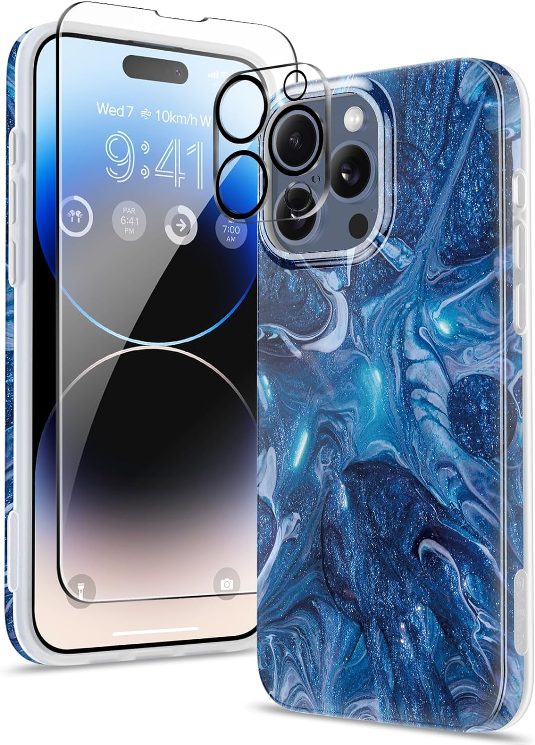 GVIEWIN for Iphone 15 Pro Case with Screen Protector+Camera Lens Protector, [Military Grade Drop Protection] Slim Marble Design Soft TPU Protective Phone Cover for 15 Pro 6.1" (Flowing Sand/Ink)  GVIEWIN Star Abyss/Blue  