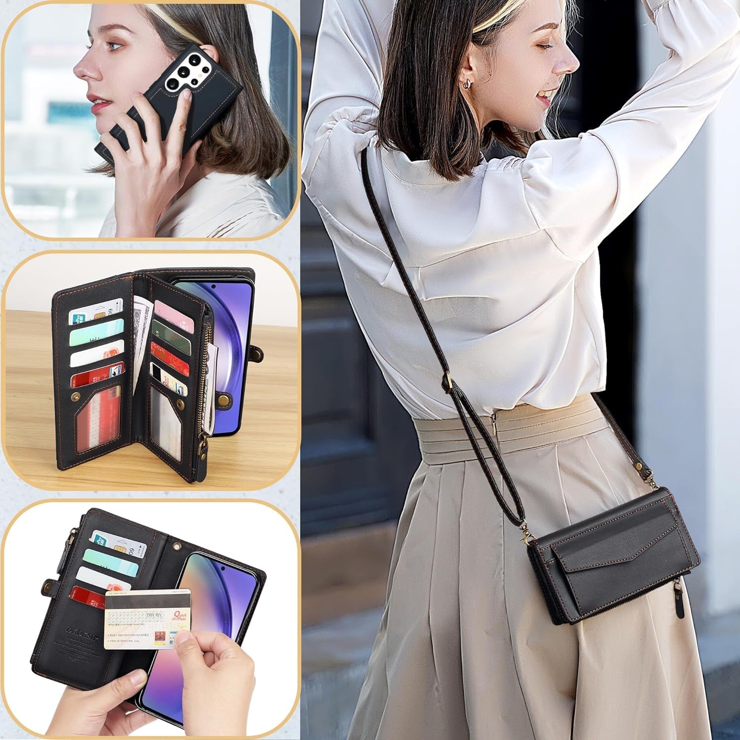 For Samsung Galaxy S22 Ultra Wallet Case for Women, Support Wireless Charging with RFID Blocking Card Holder, Leather Zipper Detachable Magnetic Phone Case with Crossbody Strap Lanyard, Black